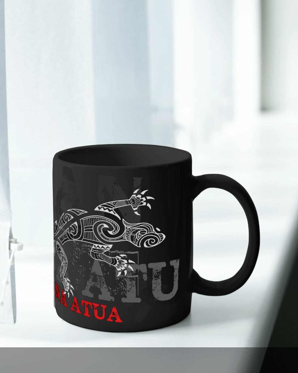 Mana Atua black coffee tea mug with white maori lizard tattoo